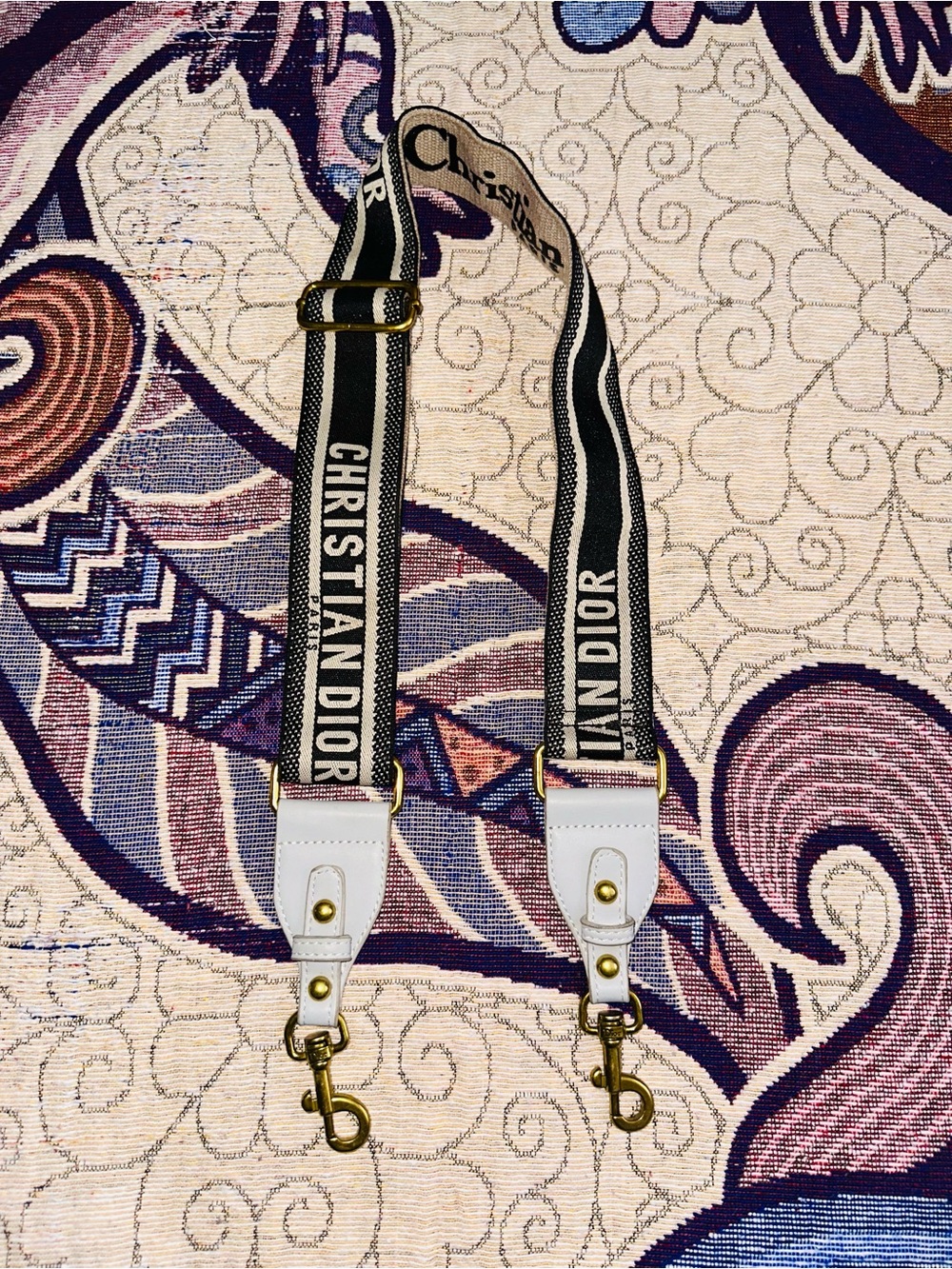 Christian Dior Embroidered Canvas Shoulder Strap Adjustable Gray Leather